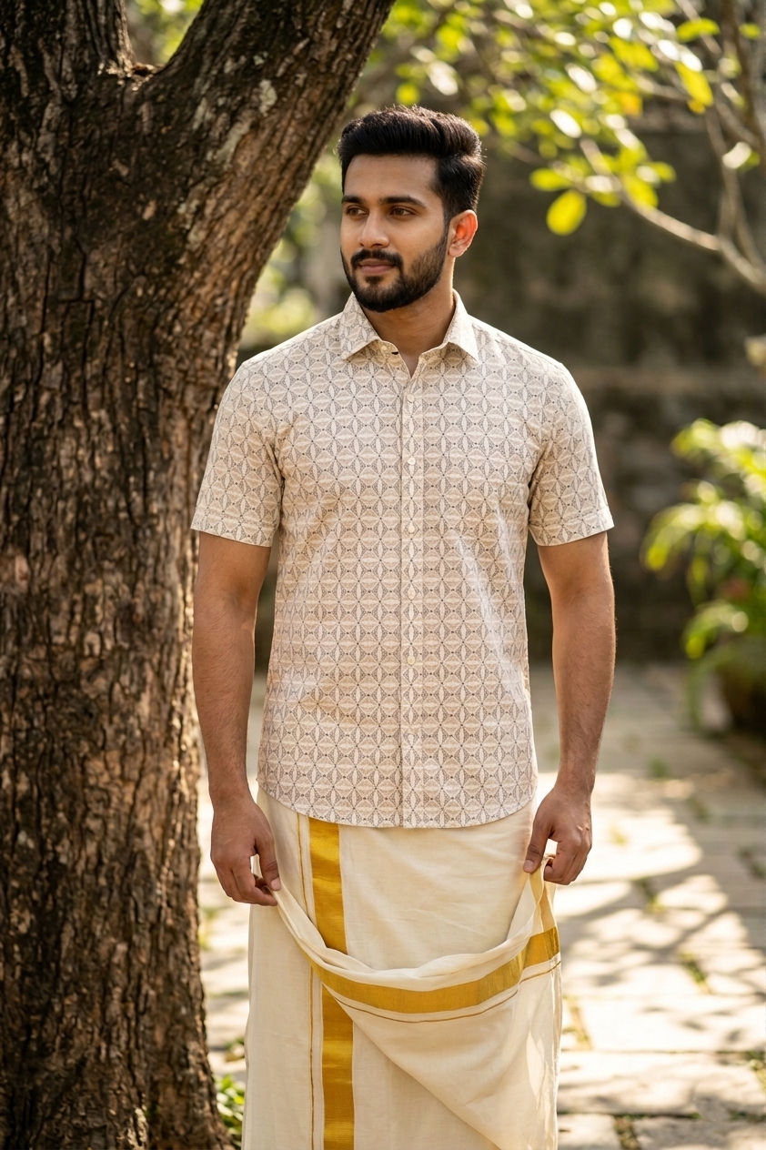 Pure Cotton Cream Printed Shirt SLSHIRT 46 HS