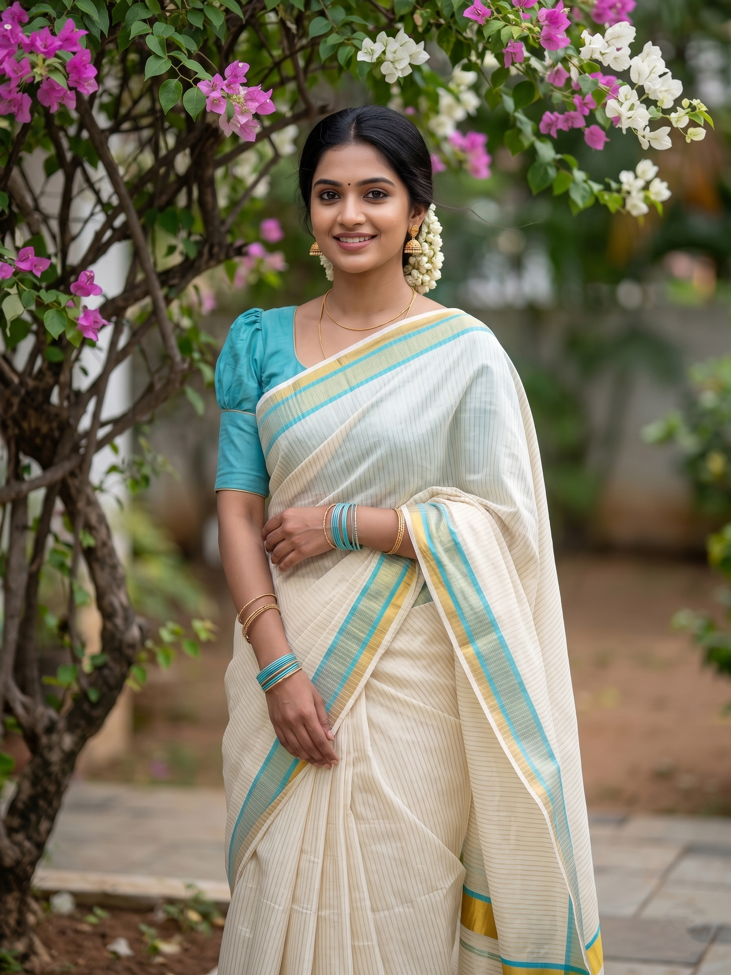 Southloom Kerala Cotton Kasavu Saree with Stripes on Body in Turquoise Border SL356