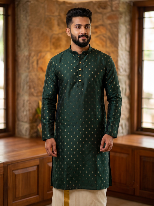 Southloom Green Woven Patterns Semi Silk Long Kurta for Men SL591
