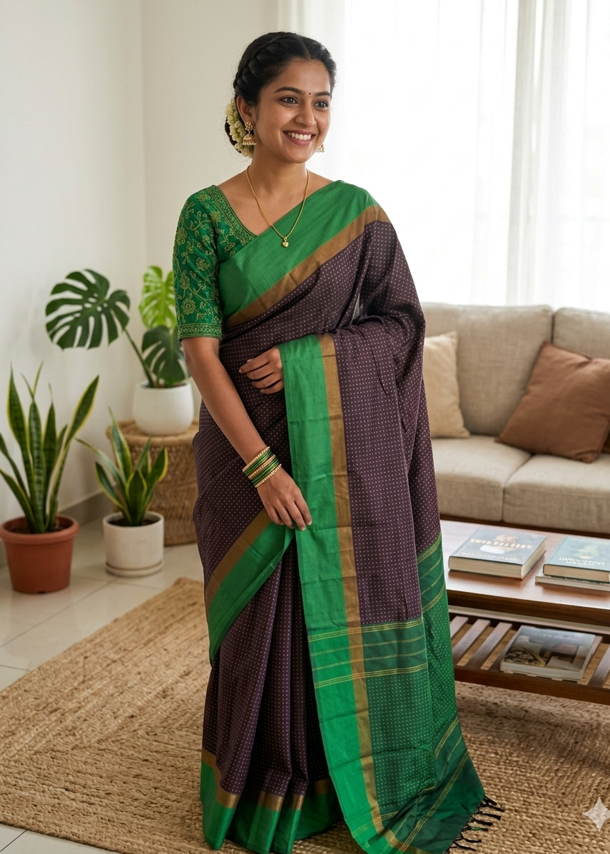 Semi Silk Saree ( Brown And Green) SL199