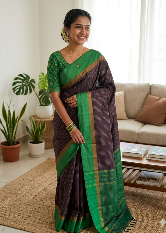 Semi Silk Saree ( Brown And Green) SL199