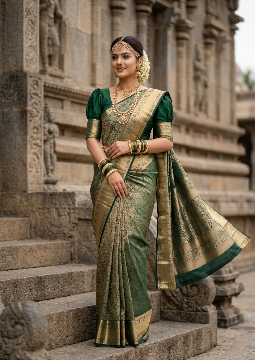 Southloom Pure Handloom Bridal Kanchipuram Silk Saree with Korvai Work (Green)