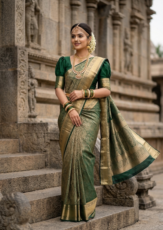 Southloom Pure Handloom Bridal Kanchipuram Silk Saree with Korvai Work (Green)