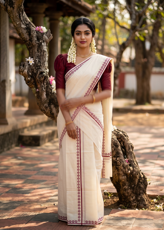 Southloom Pure Cotton Kerala Single Set Mundu (Mundum Neriyathum) with Digital Prints in Maroon 2.80 Mtrs