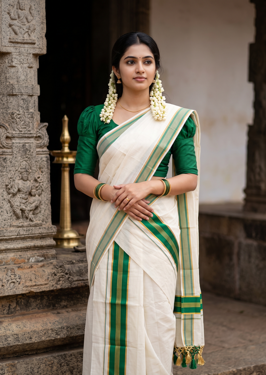 Southloom Kerala Cotton Kasavu Single Set Mundu (Mundum Neriyathum) with Green Border SLKK SL518