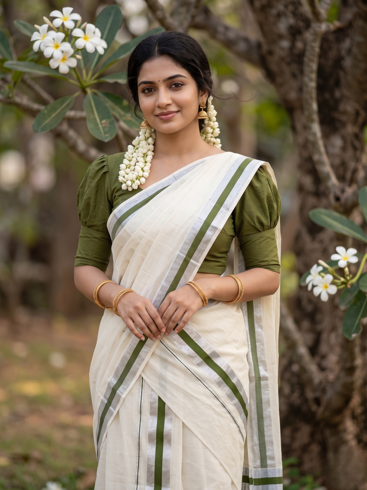 Southloom Kerala Cotton Set Mundu (Mundum Neriyathum) with olive Green and Silver Kasavu Border 2.80 Mtrs