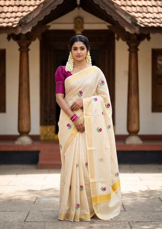 Southloom Kerala Tissue Kasavu Lines Saree with Floral Embroidery Work on Body