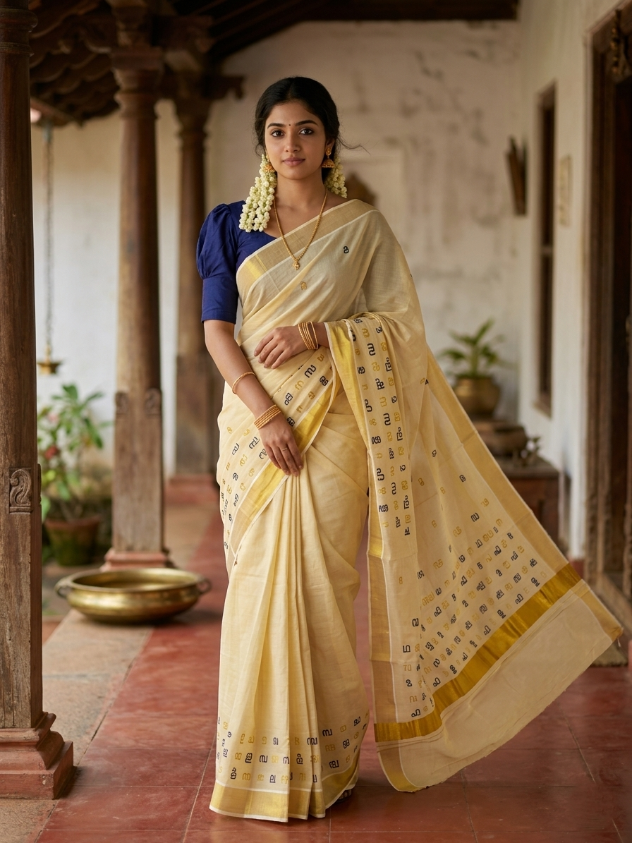 Southloom Kerala Tissue Kasavu Saree with Blue and Gold Malayalam Aksharamala Embroidery Work on Body