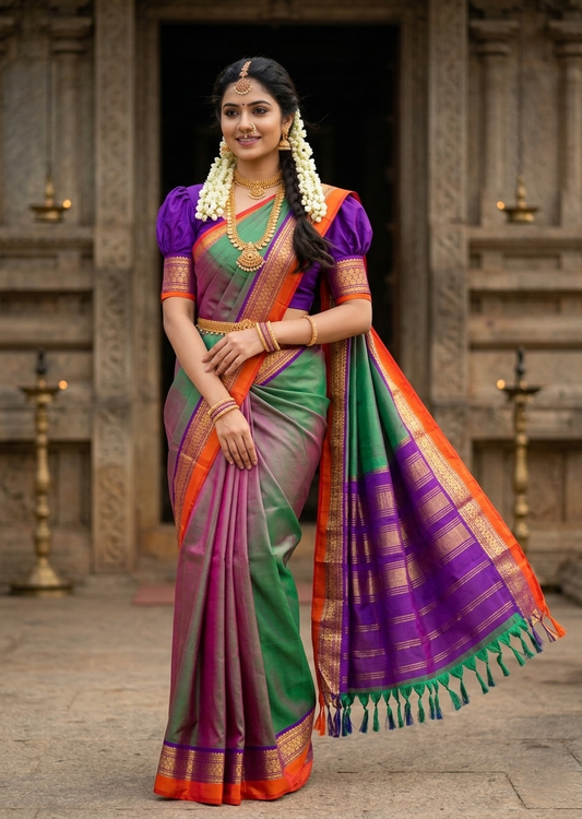 Southloom Pure Handloom Bridal Kanchipuram Silk Saree with Korvai Work (Green & Violet)
