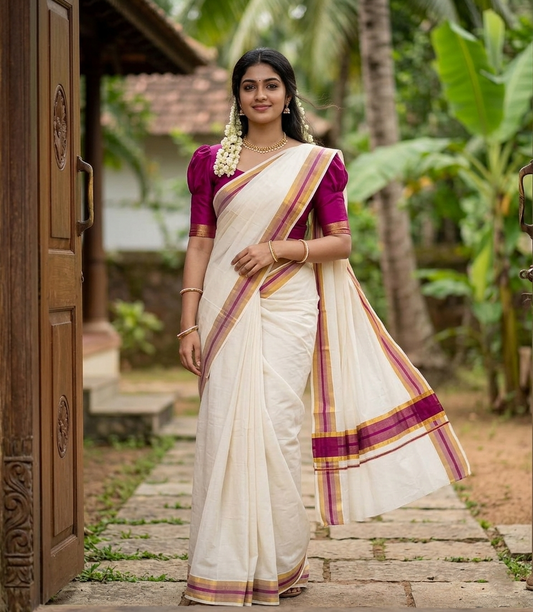 Southloom Kerala Pure Cotton Plain Saree with Kasavu and magenta Border