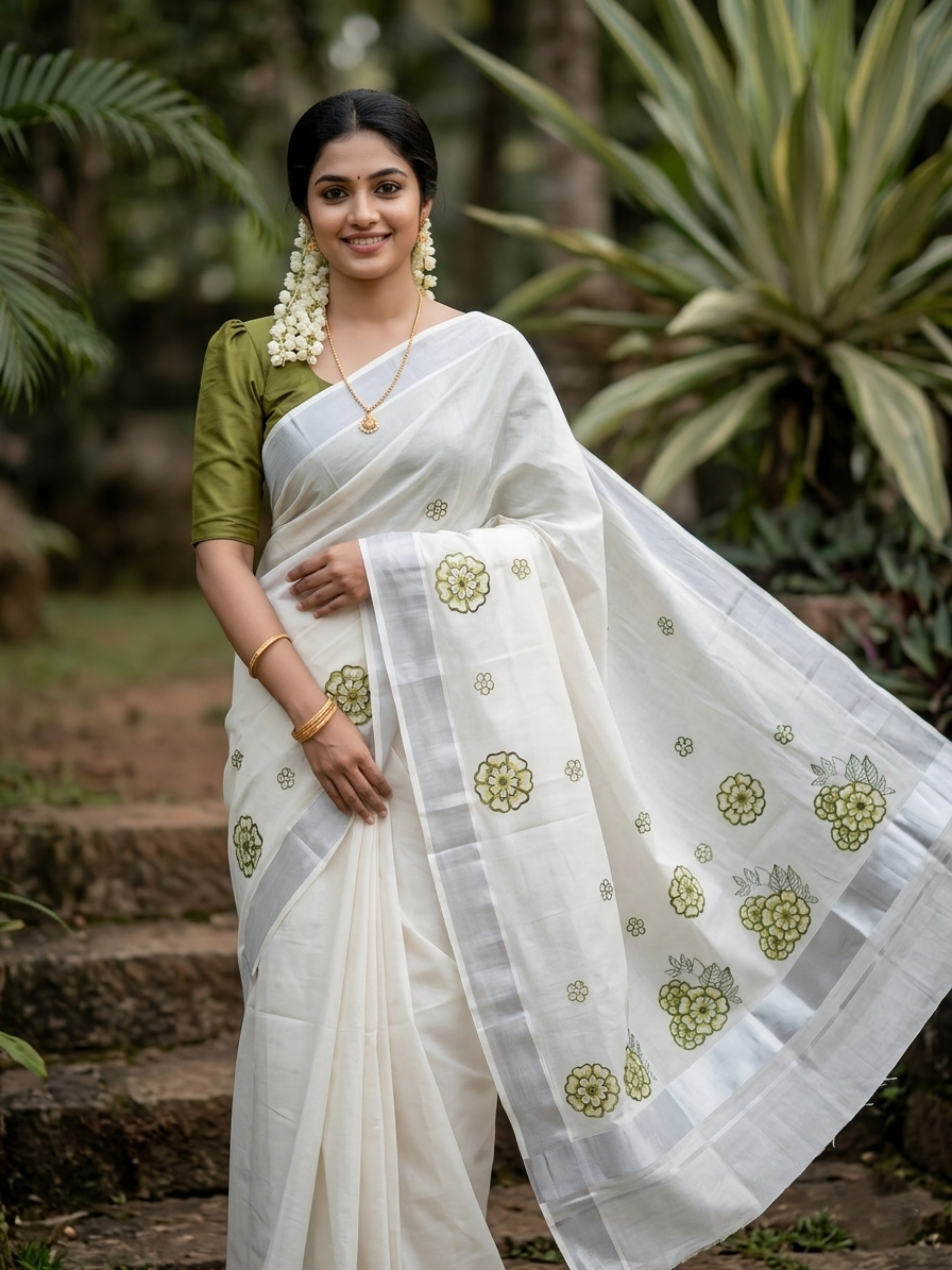 Southloom Kerala Siver Tissue Saree with Green Flower Embroidery Work