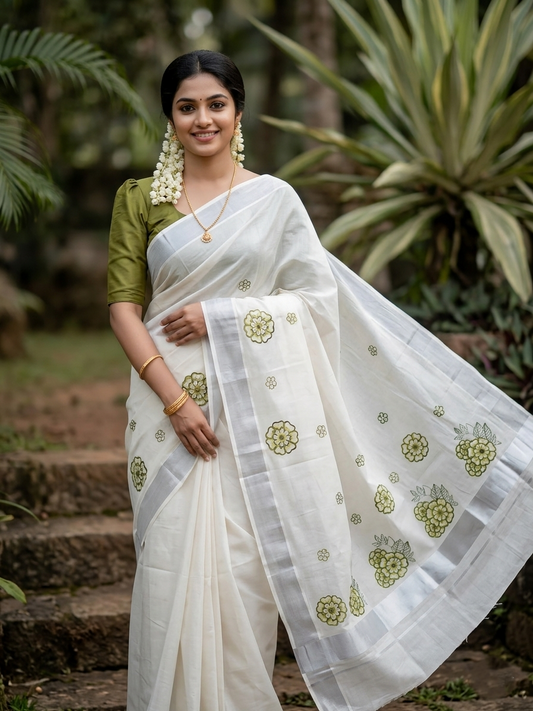 Southloom Kerala Siver Tissue Saree with Green Flower Embroidery Work