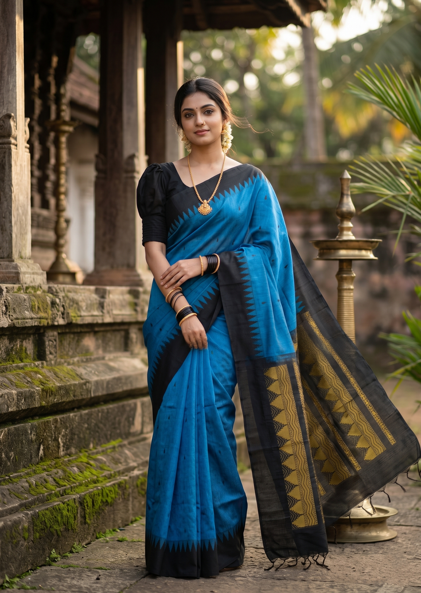 Southloom Kalyani Cotton Saree In Blue And Black With Woven Work on the Body and Borders