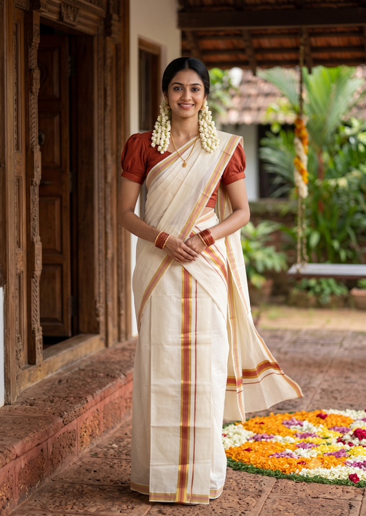 Southloom Pure Cotton Kerala Single Set Mundu (Mundum Neriyathum) with Brike Red and Kasavu Border 2.80 Mtrs SLKK
