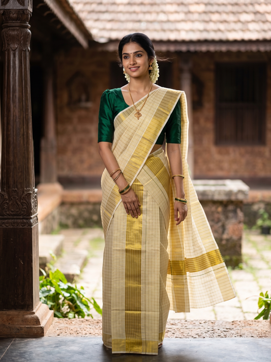 Southloom Kerala Tissue Single Set Mundu (Mundum Neriyathum) with Kasavu Check Across Body