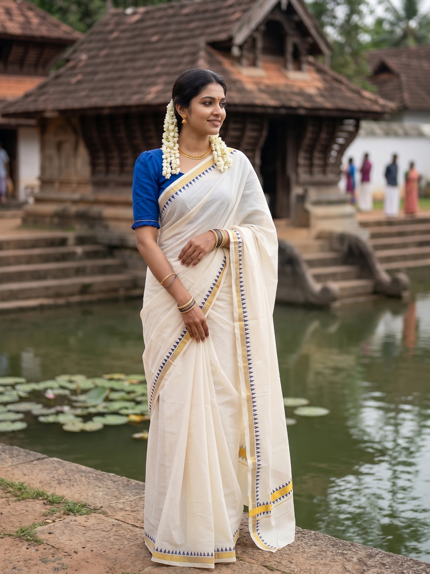 Southloom Cotton Kerala Kasavu Saree with Blue Temple Design Border