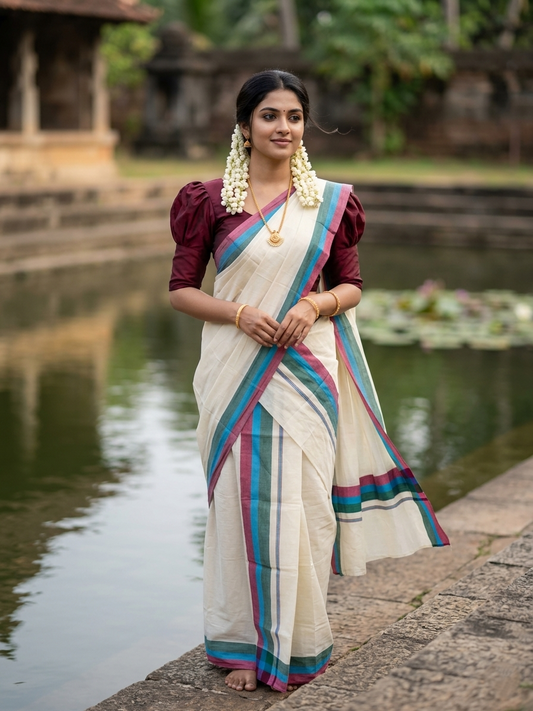 Southloom Pure Cotton Kerala Single Mulloth Set Mundu (Mundum Neriyathum) Red & Green Border in 2.50 mtrs SL243