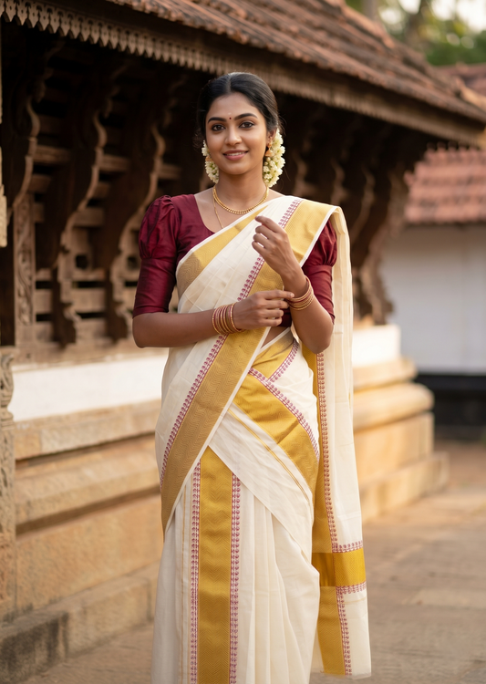 Southloom Pure Cotton Set Mundu with Gold Kasavu and Digital Print in Maroon 2.80 Mtrs SL374