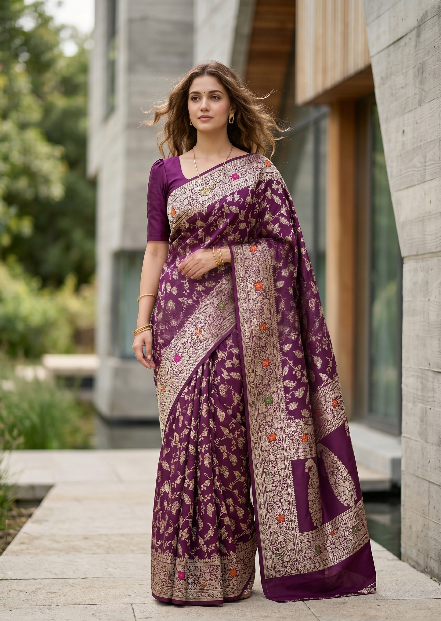 Southloom Pure Banarasi Silk Saree with Woven Work on Body and Borders (Purple)