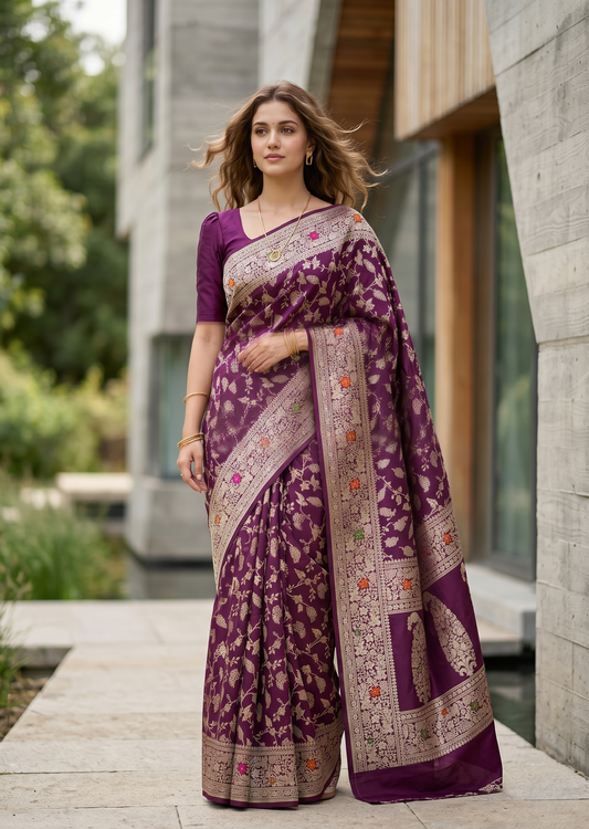 Southloom Pure Banarasi Silk Saree with Woven Work on Body and Borders (Purple)