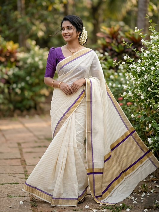 Southloom Kerala Pure Cotton Saree with Stripes on Body and Borders in Violet
