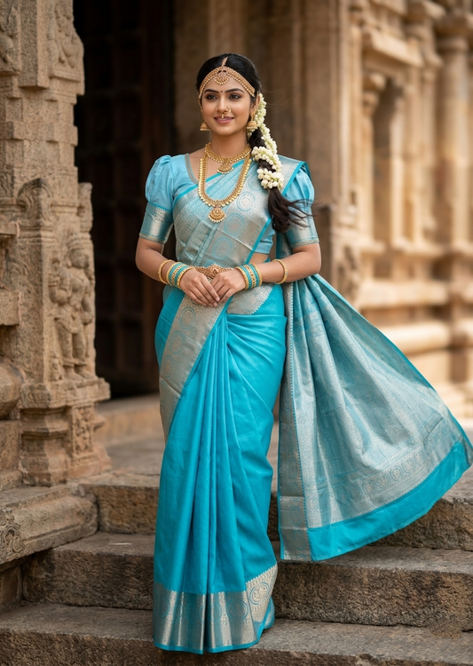 Southloom Pure Handloom Bridal Kanchipuram Silk Saree with Korvai Work (Blue)