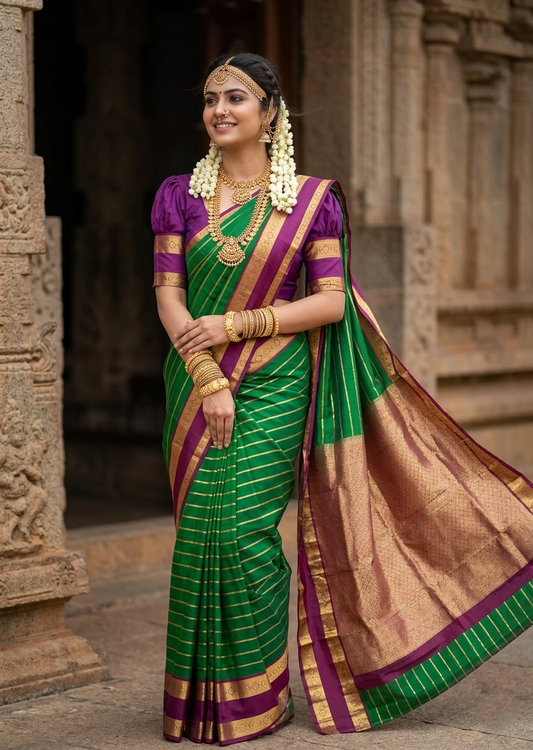 Southloom Pure Handloom Bridal Kanchipuram Silk Saree with Korvai Work (Green & Purple)