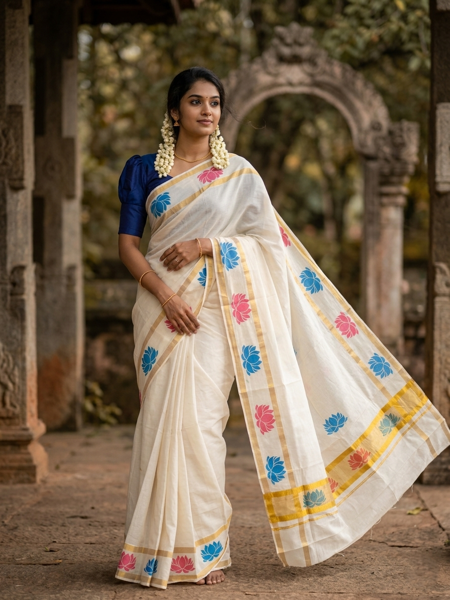 Southloom Cotton Kerala Kasavu Saree with Lotus Block Prints on Body and Border in Blue and pink