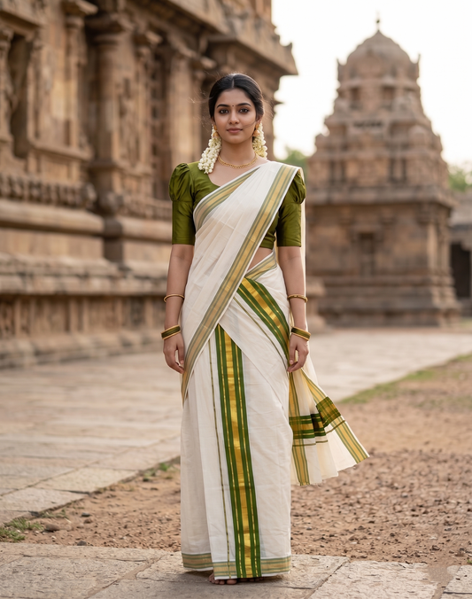 Southloom Kerala Cotton Single Set Mundu (Mundum Neriyathum) with Kasavu and Olive Green Border in 2.80 Mtrs SLKK