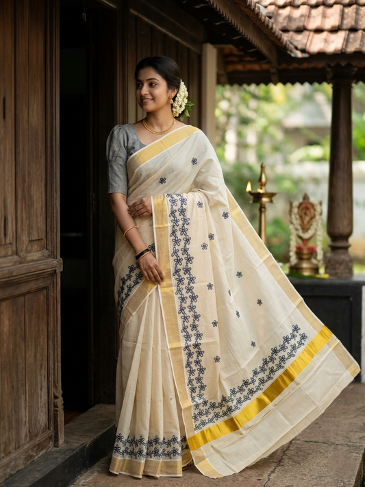 Kerala Tissue Kasavu Saree with Grey Floral Embroidery Works SL366
