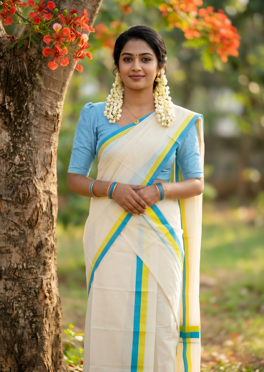 Southloom Pure Cotton Kerala Single Mulloth Set Mundu (Mundum Neriyathum) Yellow And Blue Border in 2.80 mtrs SL243