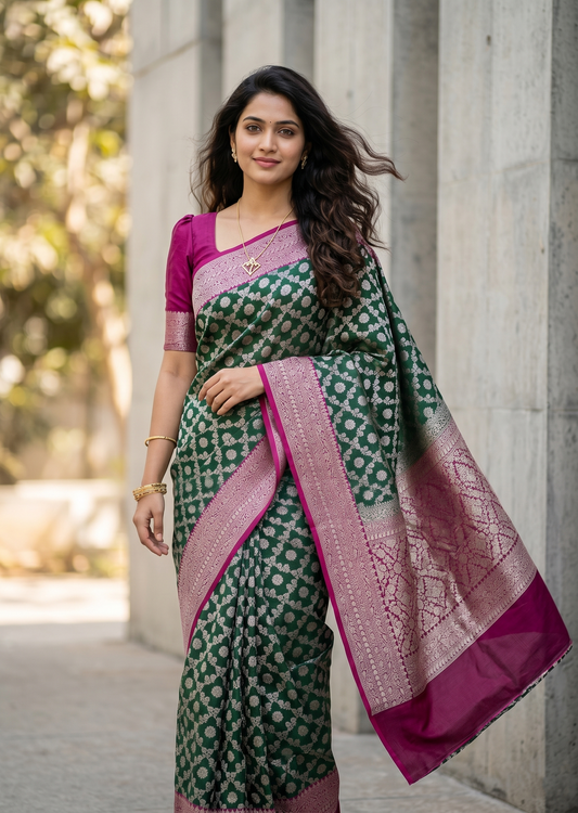 Southloom Pure Banarasi Silk Saree with Woven Work on Body and Borders (Green And Magenta)
