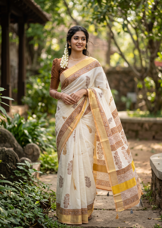 Southloom Cotton Kerala Kasavu Saree with Jaipur Block Printed on Body And Borders in Brown L561