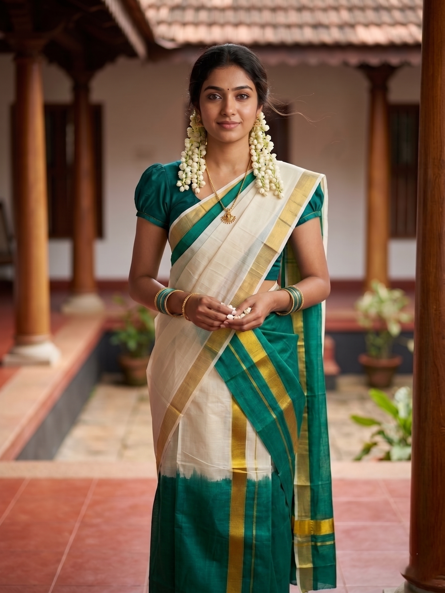 Southloom Tie & Dye - Half & Half  Multi Colour Dark Green Design Set Mundu (Mundum Neriyathum) in 2.80 m Neriyathu (Extra Length) SL264