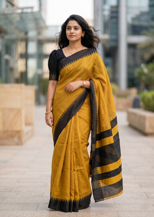 Southloom Kerala Linen Cotton Saree With Temple Design on the Border of the Saree