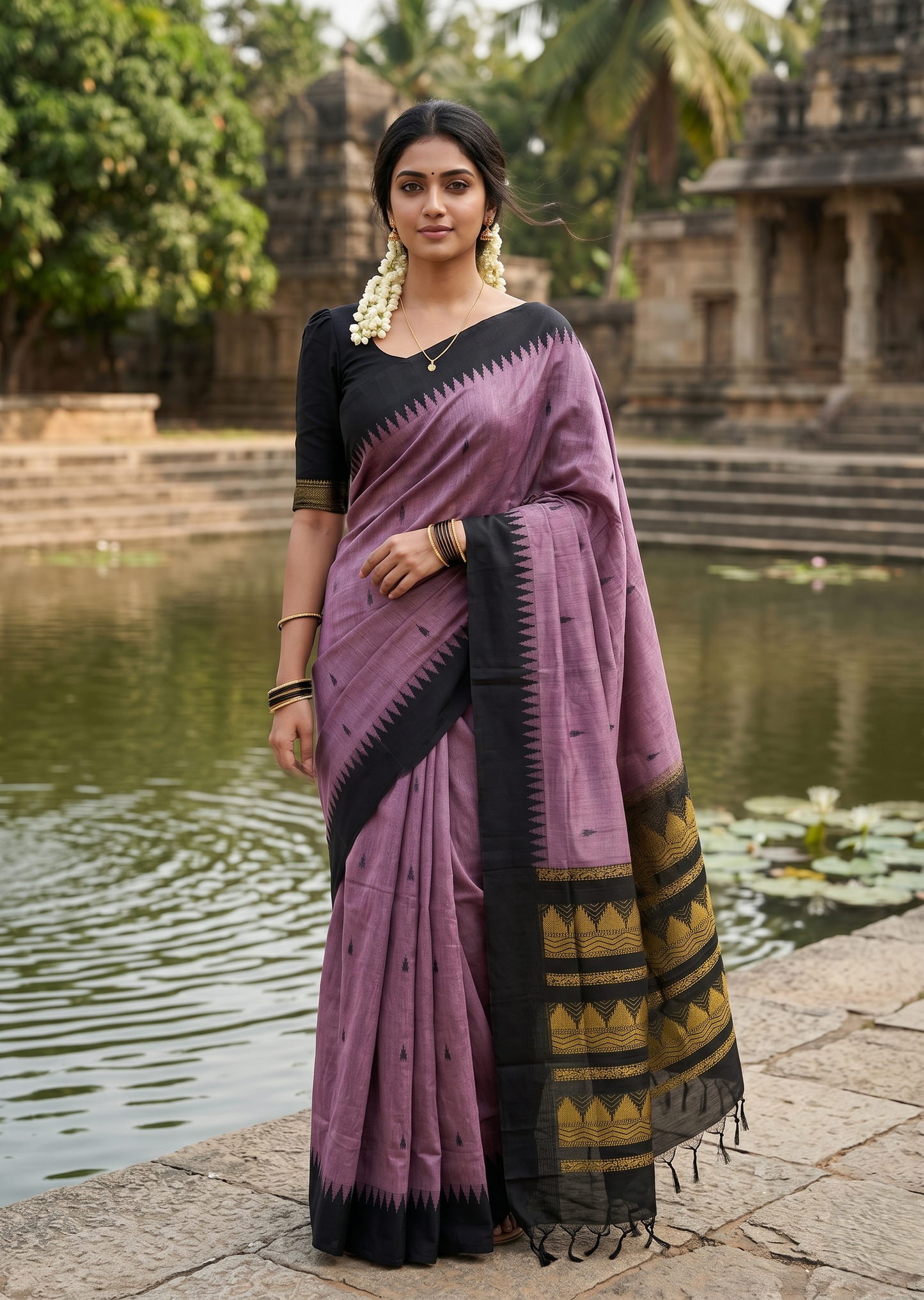 Southloom Kalyani Cotton Saree In lavender And Black With Woven Work on the Body and Borders