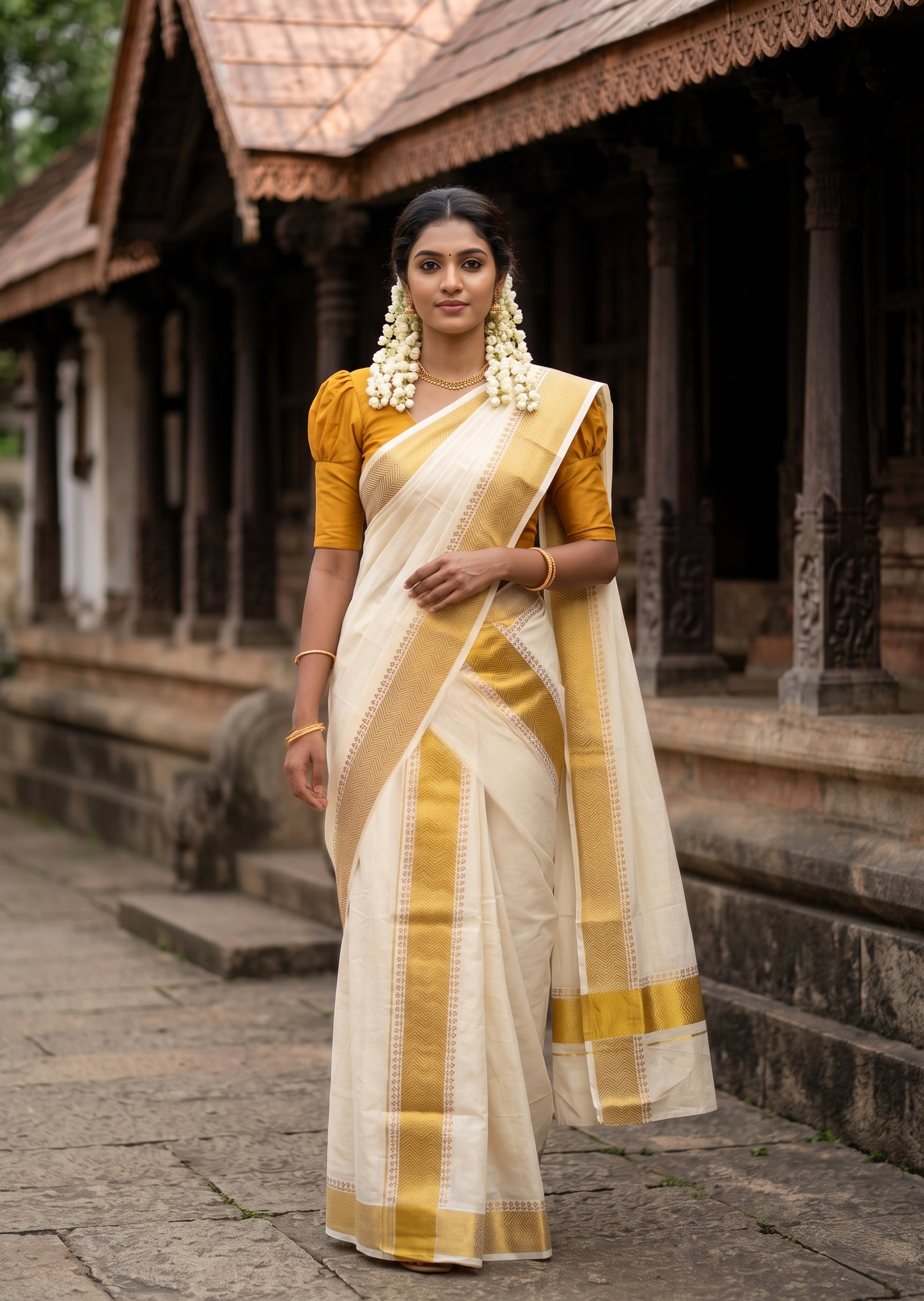 Southloom Pure Cotton Set Mundu with Gold Kasavu and Digital Print in Mustard Yellow 2.80 Mtrs SL374