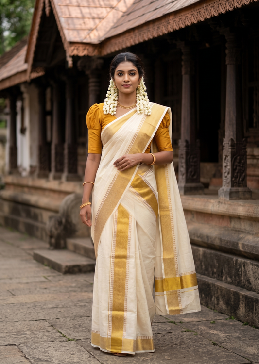 Southloom Pure Cotton Set Mundu with Gold Kasavu and Digital Print in Mustard Yellow 2.80 Mtrs SL374