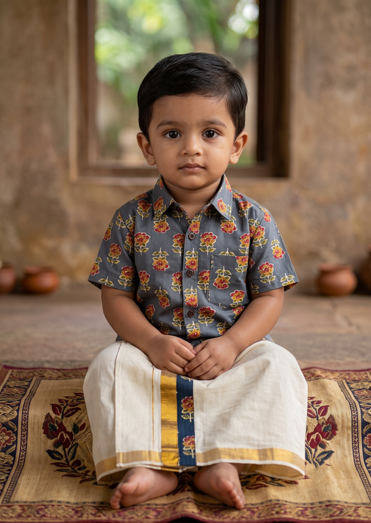 Southloom Cotton Floral Printed Kids's Combo (Shirt + Velcro Mundu) SLKCOMBO