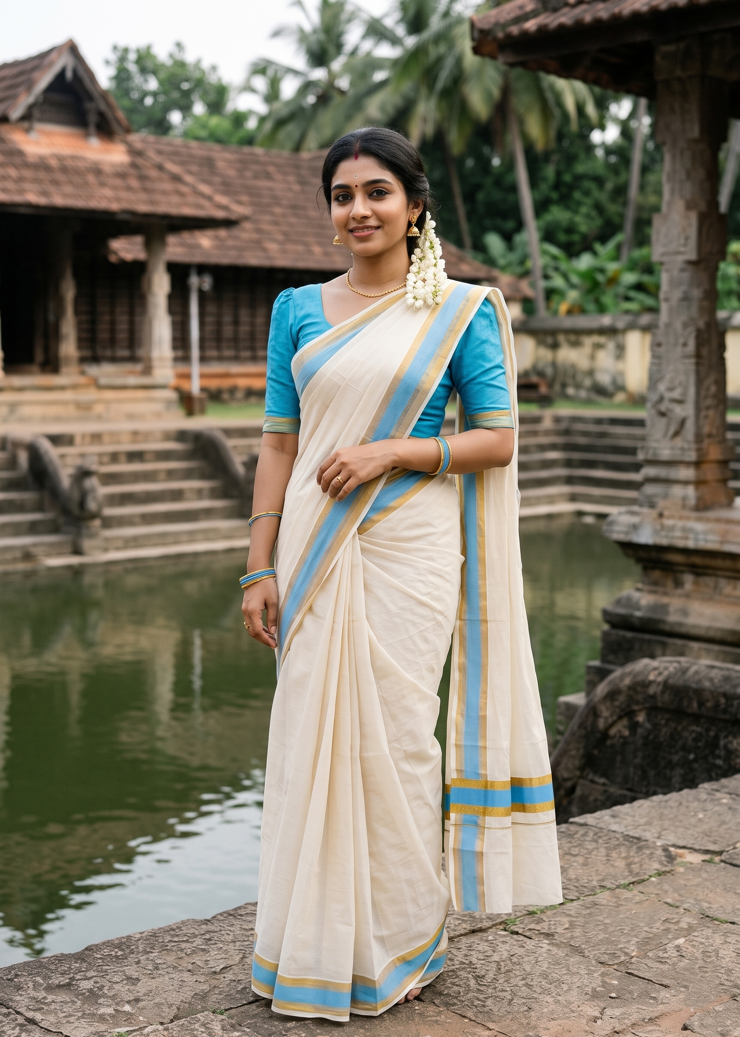 Kerala Cotton Kasavu Saree With Blue Borders SL446