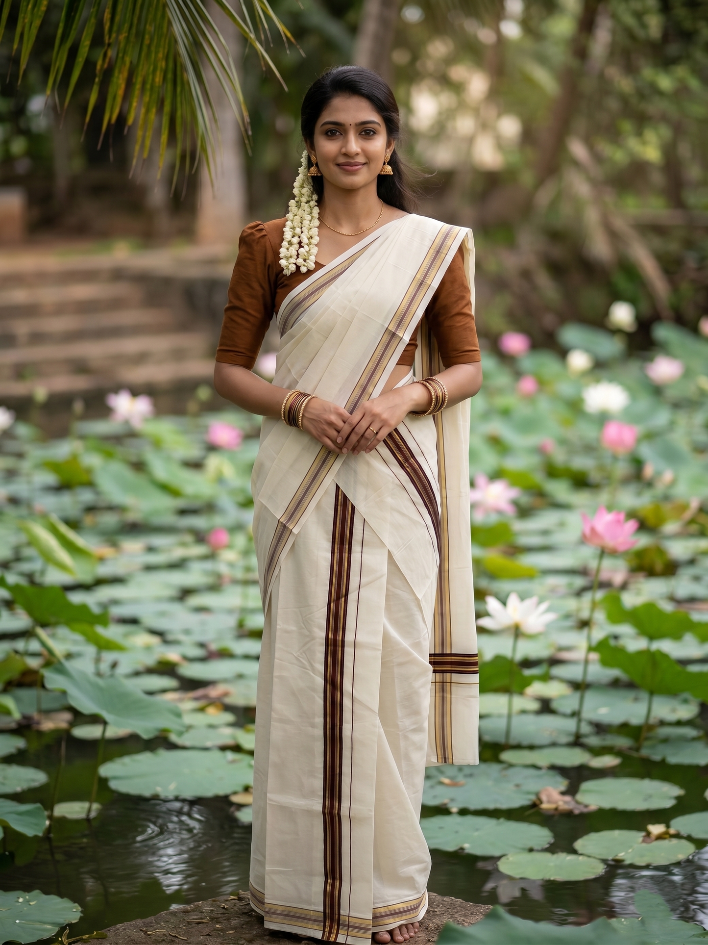 Kerala Cotton Mundum Neriyathum Single (Set Mundu) with Brown and Kasavu Border 2.80 Mtrs SLKK SL470