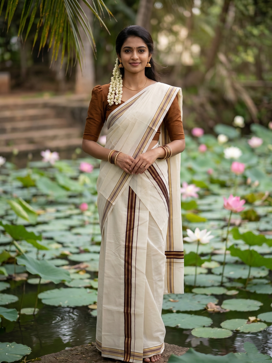 Kerala Cotton Mundum Neriyathum Single (Set Mundu) with Brown and Kasavu Border 2.80 Mtrs SLKK SL470