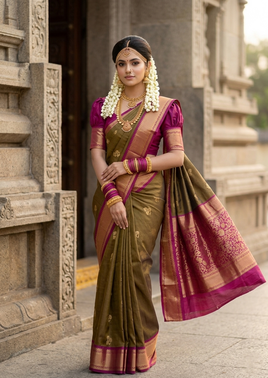 Southloom Premium Handloom Bridal Kanchipuram Silk Saree with Korvai Work