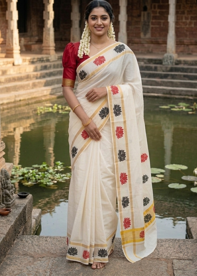 Kerala Cotton Saree with Red and Black Lotus Print SLlotus
