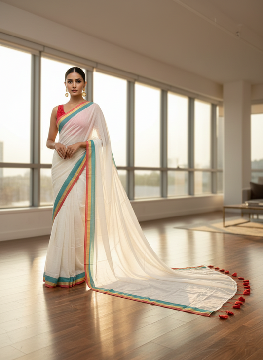 Southloom Mul Cotton 120 x 120 Soft Fabric Onam Saree in Green, Gold, Red in Broder