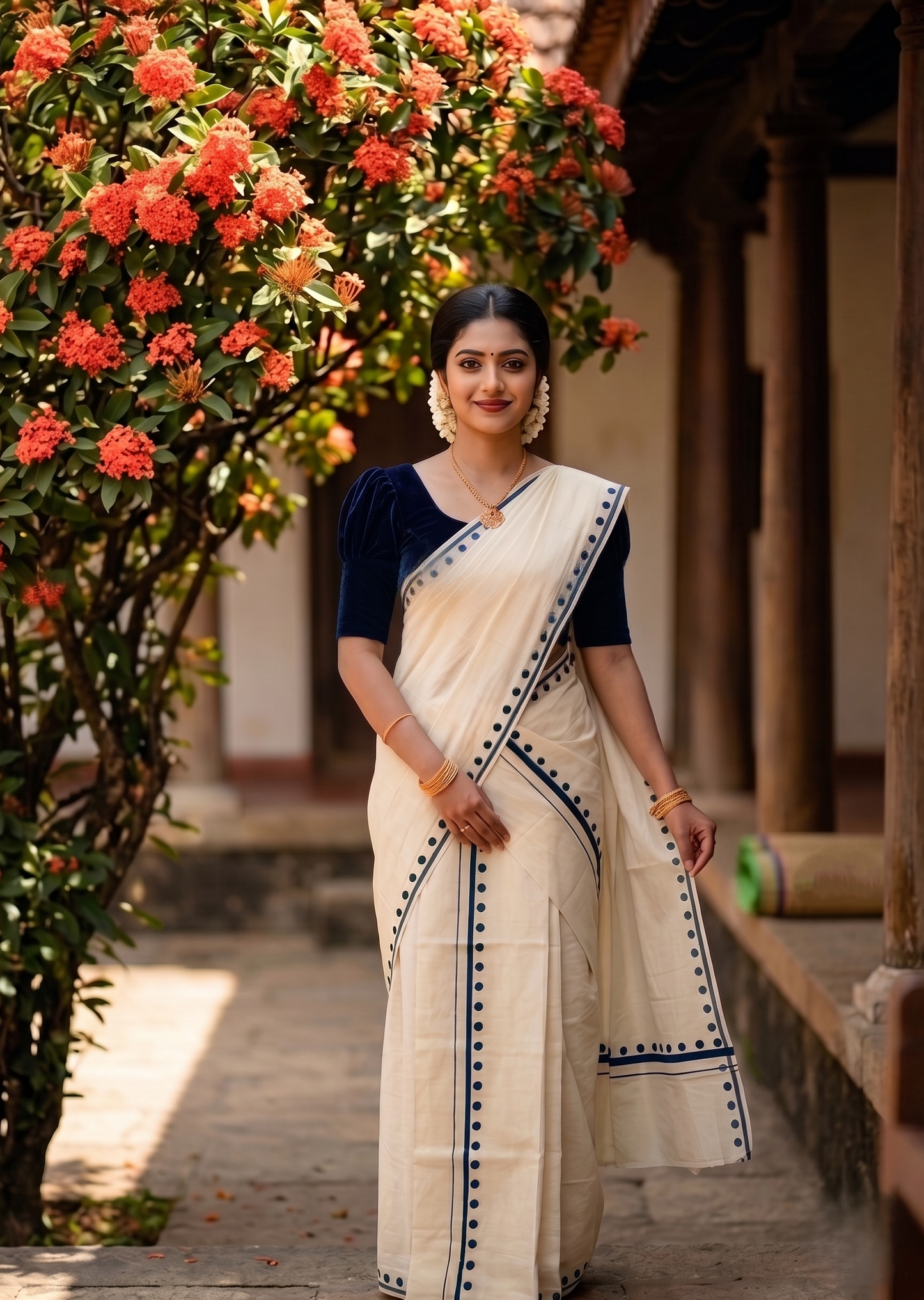 Southloom Pure Cotton Kerala Single Set Mundu (Mundum Neriyathum) with Polka Dots in Blue 2.80 Mtrs SL358