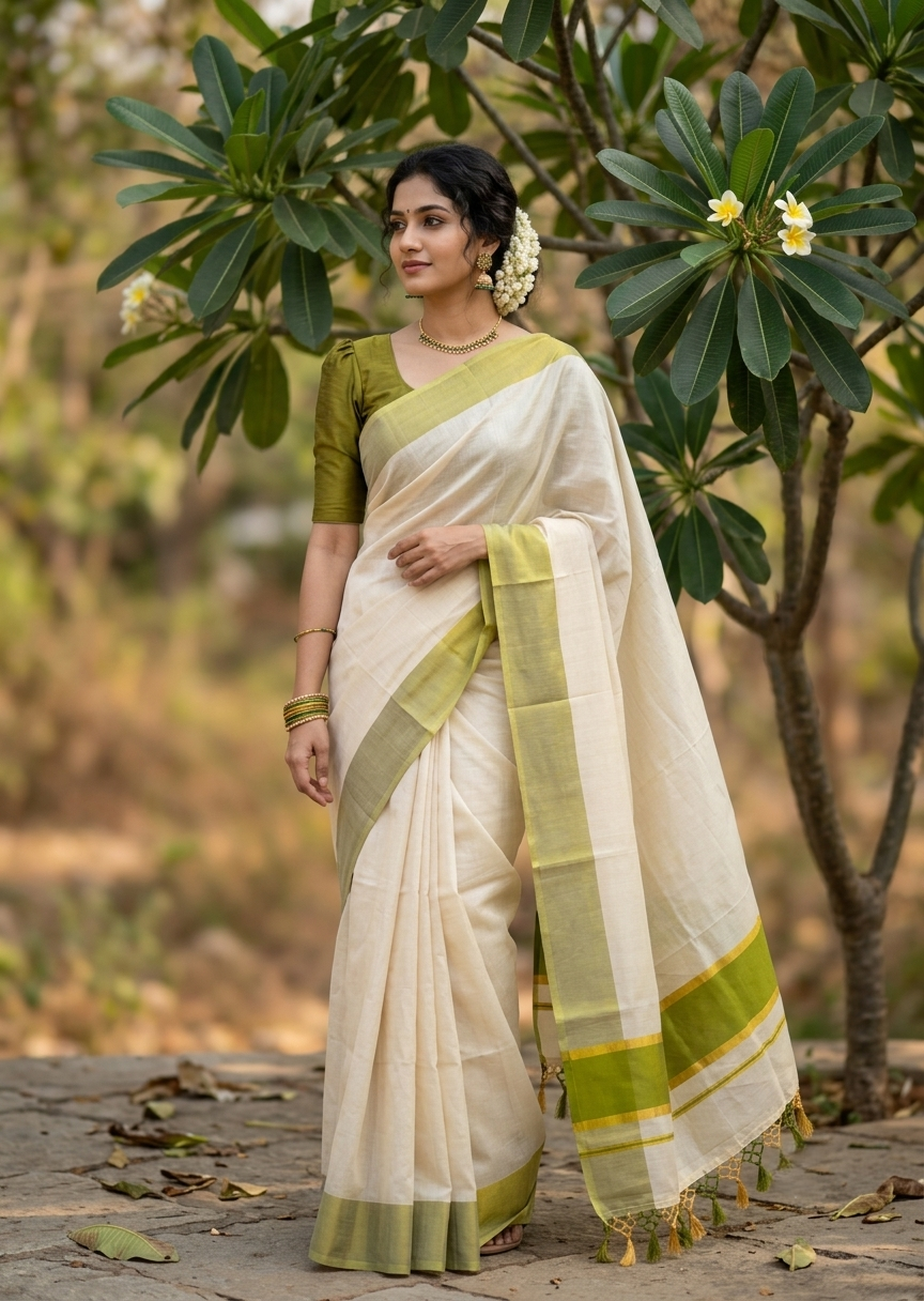 Southloom Kerala Tissue Kasavu Saree with Olive Green Border