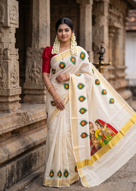 Southloom Kerala Tissue Kasavu Saree with Krishna Radha Mural Printed Design