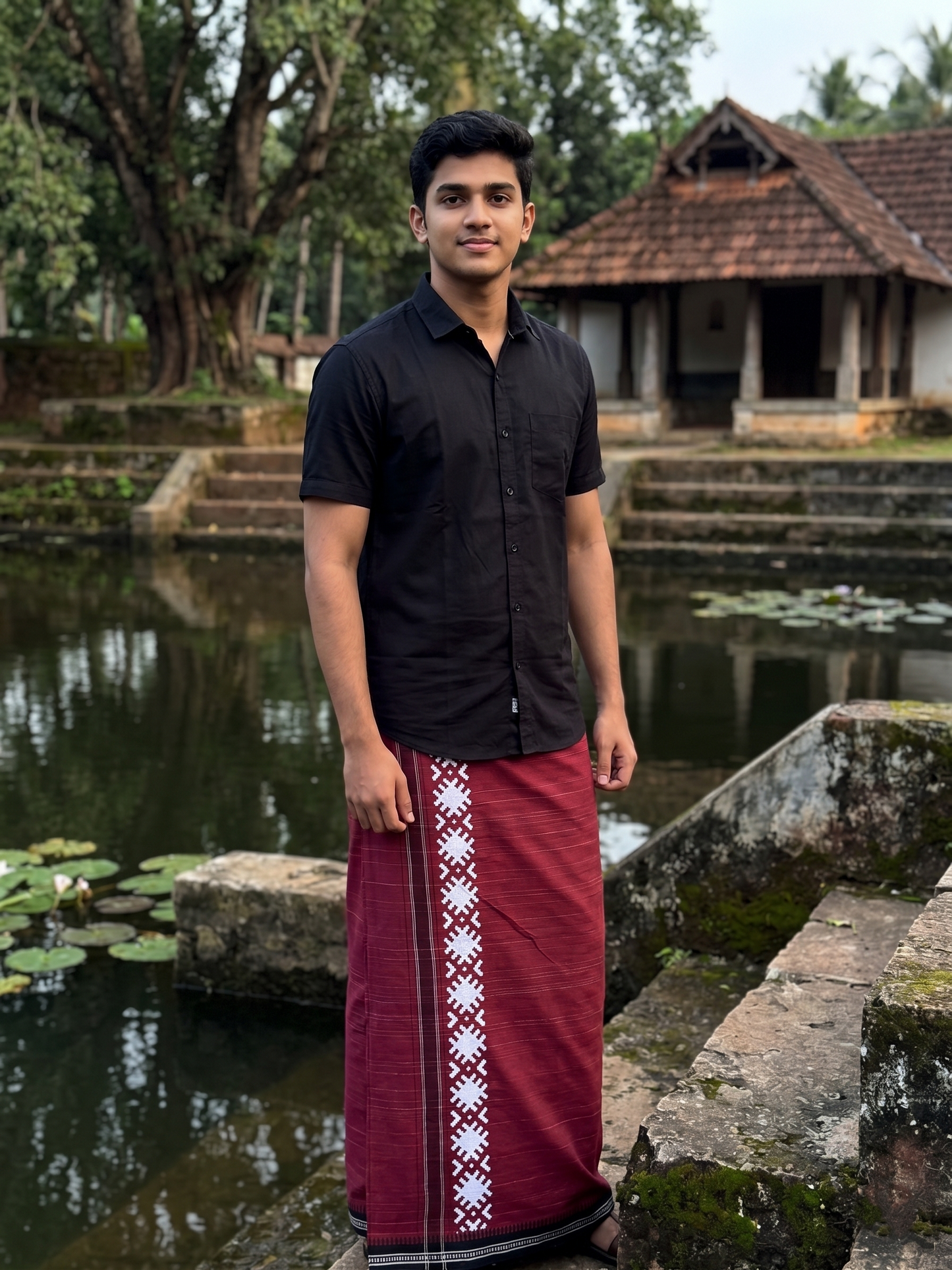 Southloom Maroon Printed Single Mundu / Otta Mundu / Lungi (South Indian Kerala Dhoti)
