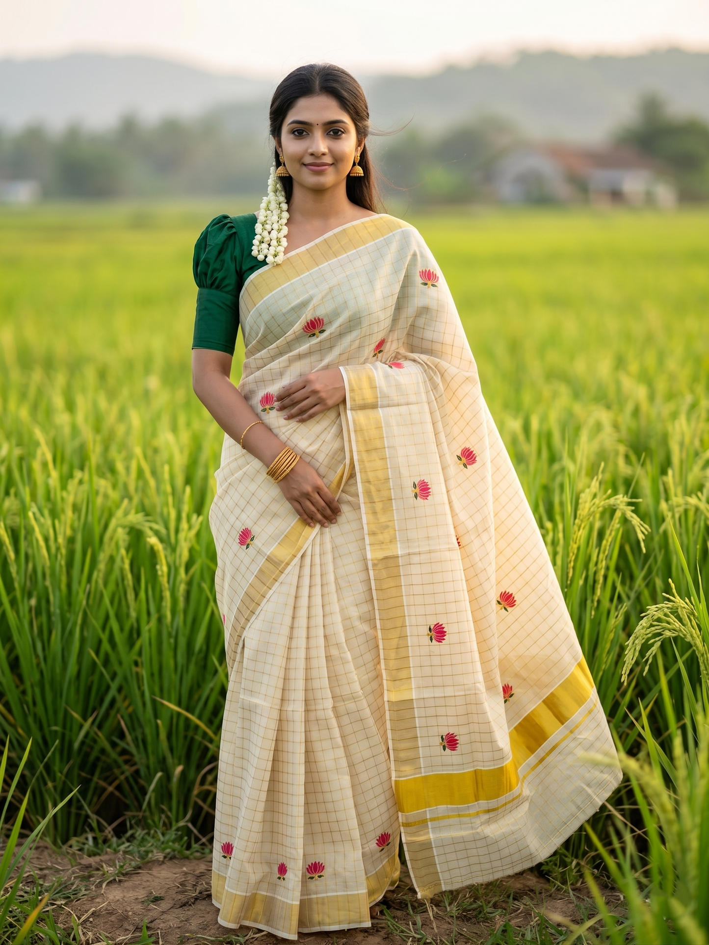 Southloom Kerala Tissue Kasavu Check Saree with Pink And Green Lotus Embroidary Works on Body